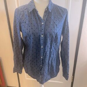Button down Soft denim type material with black velvety polka dots long sleeve